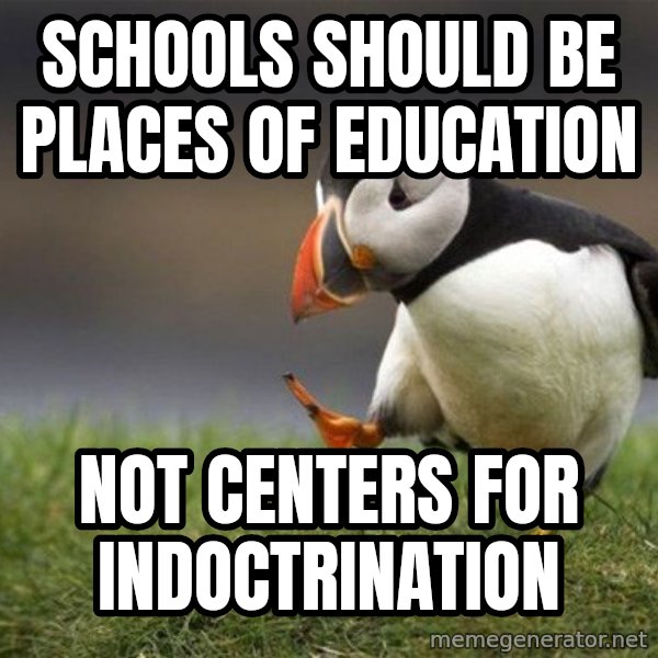 Unpopular Opinion Puffin meme: schools should be places of education / not centers for  indoctrination
