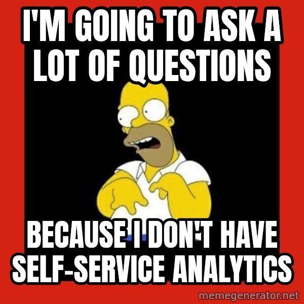 Homer retard meme: I'm going to ask a lot of questions / Because I don't have self-service analytics