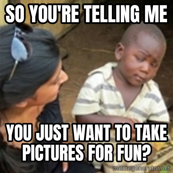 Skeptical african kid  meme: So you're telling me / you just want to take pictures for fun?