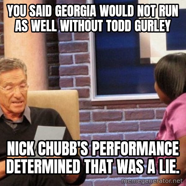 Maury Lie Detector meme: You said Georgia would not run as well without Todd Gurley / Nick Chubb's performance determined that was a lie.