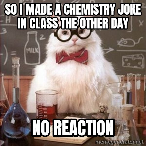 Chemistry Cat meme: SO I MADE A CHEMISTRY JOKE IN CLASS THE OTHER DAY / NO REACTION