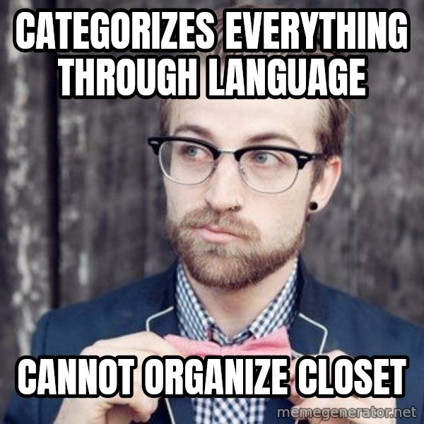 Scumbag Analytic Philosopher meme: Categorizes everything through language / Cannot organize closet