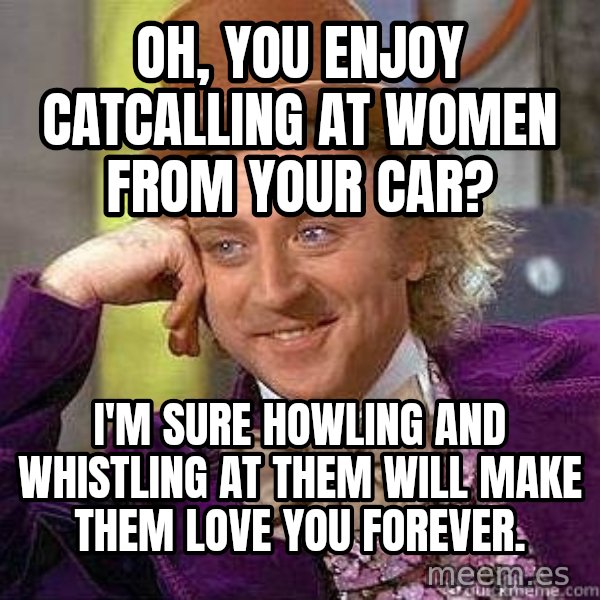 Willy Wonka meme: Oh, you enjoy catcalling at women from your car? / I'm sure howling and whistling at them will make them love you forever.