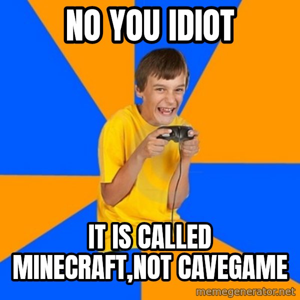 Annoying Gamer Kid meme: no you idiot / it is called minecraft,not cavegame