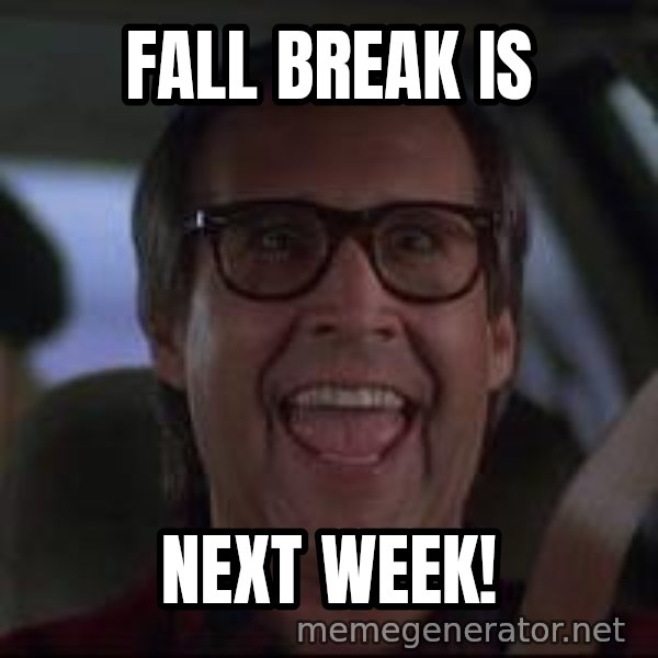 Chevy Chase Christmas Vacation meme: Fall Break is / Next week!