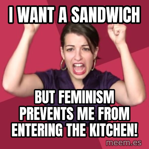 FeministFrequently meme: I WANT A SANDWICH / BUT FEMINISM PREVENTS ME FROM ENTERING THE KITCHEN!