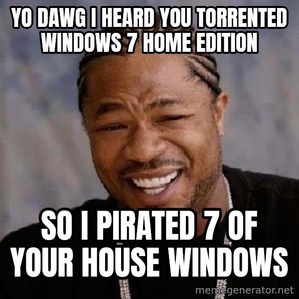 Yo Dawg meme: Yo dawg I heard you torrented windows 7 home edition / So I pirated 7 of your house windows