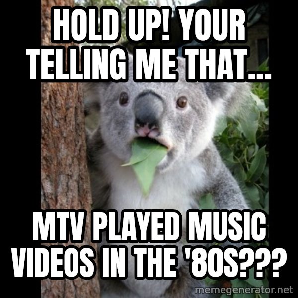 Koala can't believe it meme: hold up! your telling me that... / mtv played music videos in the '80s???