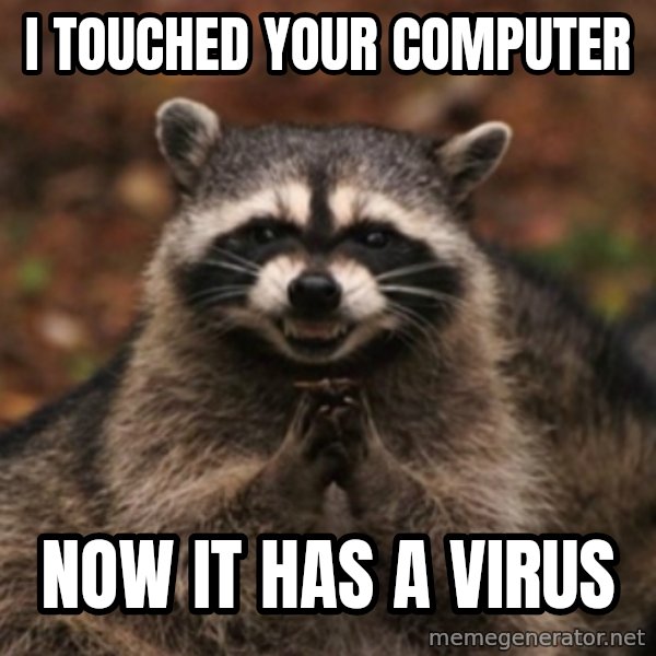 evil raccoon meme: i touched your computer / now it has a virus