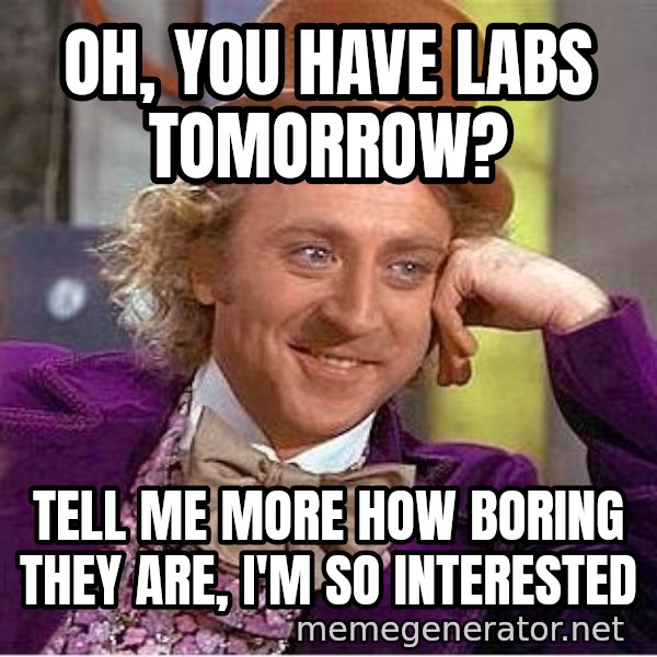 Willywonka meme: Oh, you have labs tomorrow? / Tell me more how boring they are, I'm so interested