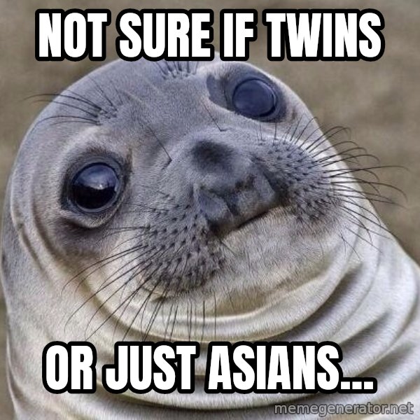 Awkward Seal meme: Not sure if twins / Or just asians...