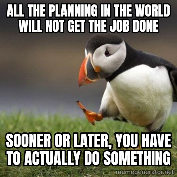 Unpopular Opinion Puffin meme: all the planning in the world will not get the job done / sooner or later, you have to actually do something