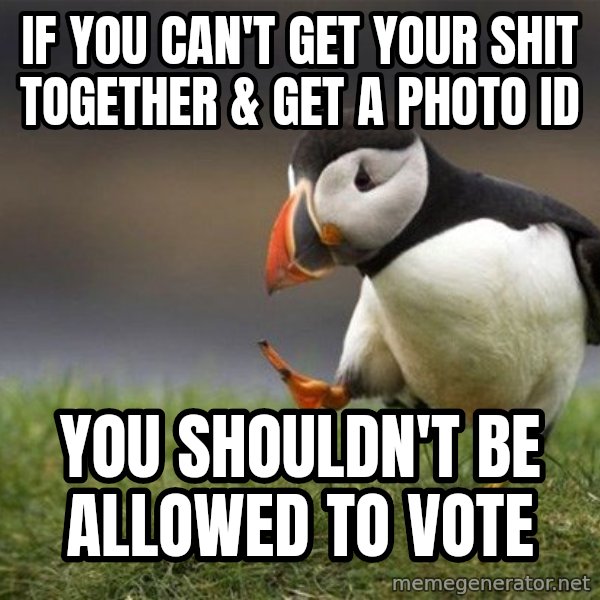 Unpopular Opinion Puffin meme: If you can't get your shit together & get a photo ID / You shouldn't be allowed to vote