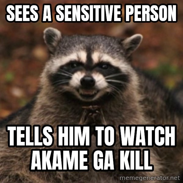 evil raccoon meme: sees a sensitive person / tells him to watch Akame ga kill