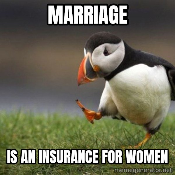 Unpopular Opinion Puffin meme: marriage / is an insurance for women