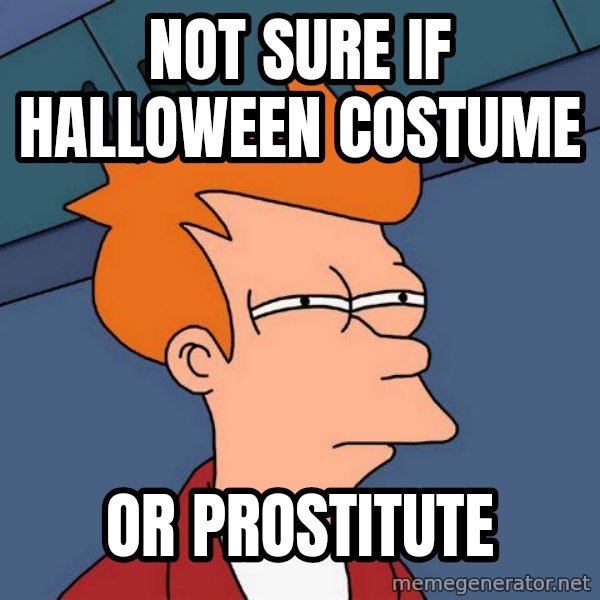 Futurama Fry meme: NOT SURE IF HALLOWEEN COSTUME / OR PROSTITUTE