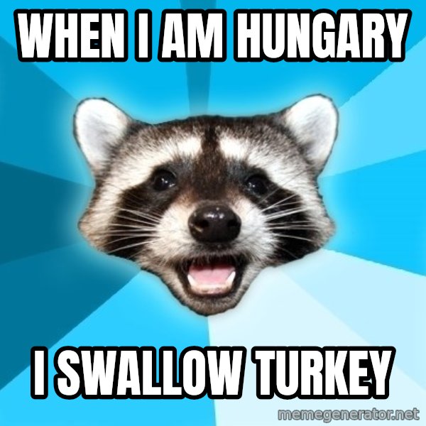 Lame Pun Coon meme: When I am Hungary / I swallow Turkey