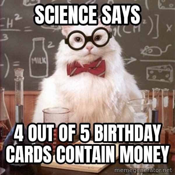 Science Cat meme: Science says / 4 out of 5 birthday cards contain money
