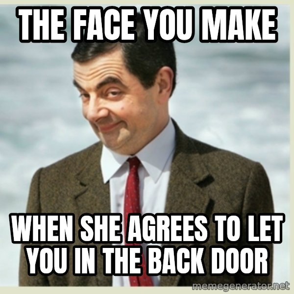MR bean meme: the face you make / when she agrees to let you in the back door