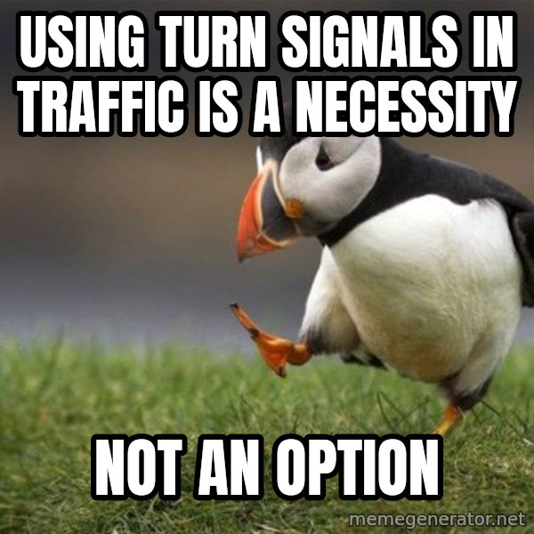Unpopular Opinion Puffin meme: using turn signals in traffic is a necessity / not an option