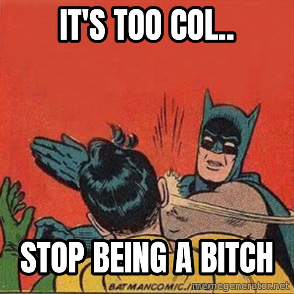 batman slap robin meme: It's too col.. / Stop being a bitch