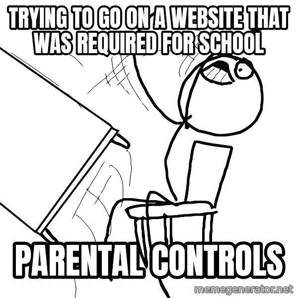 Desk Flip Rage Guy meme: trying to go on a website that was required for school / parental controls