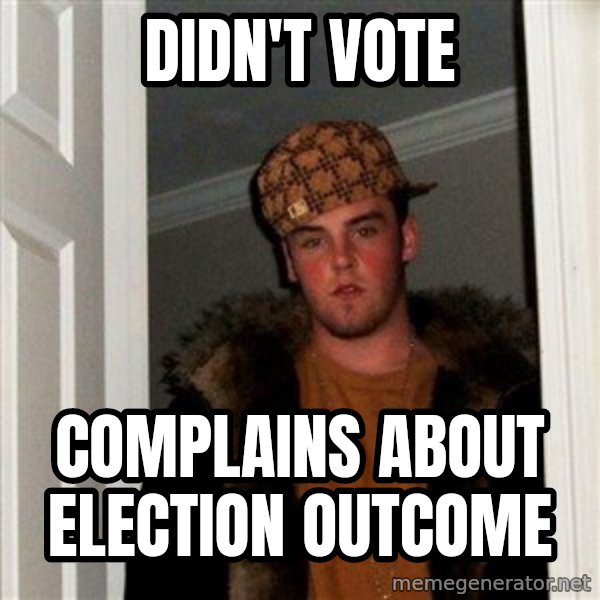 Scumbag Steve meme: Didn't vote / Complains about election outcome