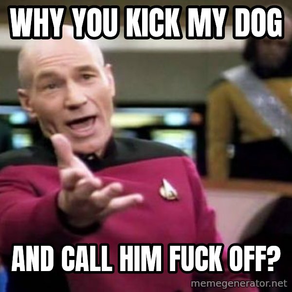 Picard Wtf meme: why you kick my dog / and call him fuck off?