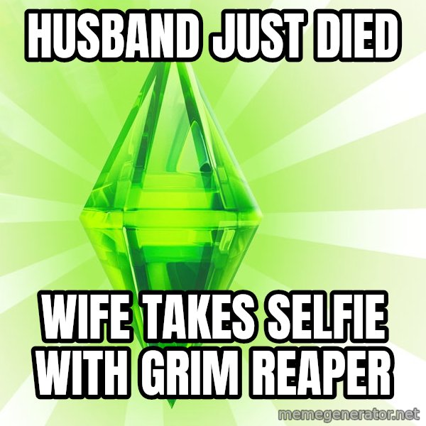 Sims meme: Husband just died / wife takes selfie with Grim Reaper