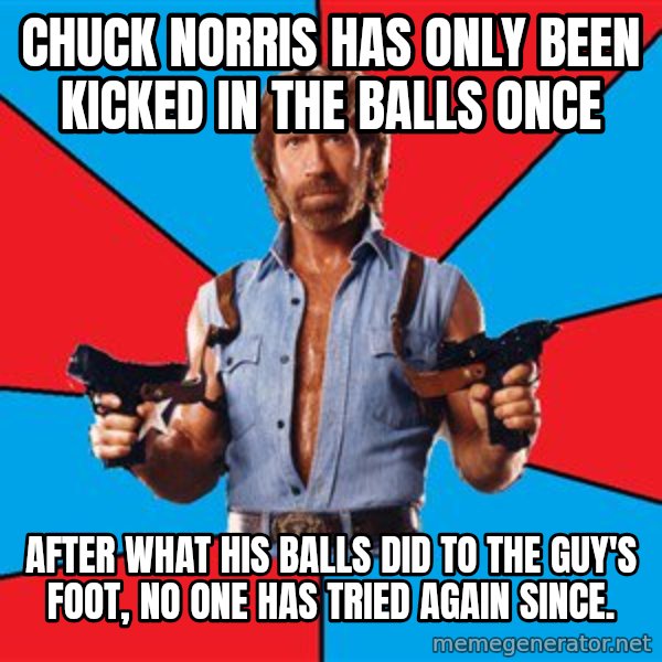 Chuck Norris  meme: chuck norris has only been kicked in the balls once / after what his balls did to the guy's foot, no one has tried again since.