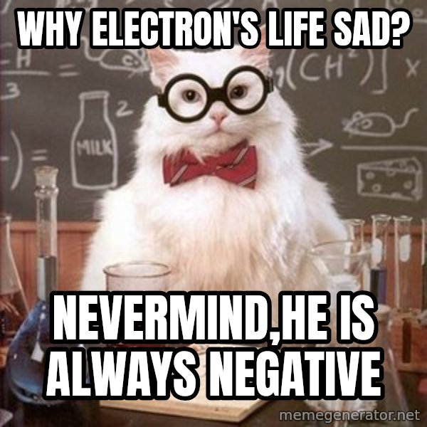 Chemistry Cat meme: Why electron's life sad? / Nevermind,he is always negative