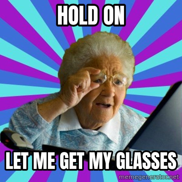 old lady meme: Hold on / Let me get my glasses