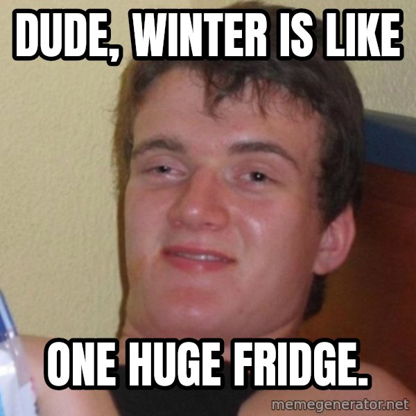 high/drunk guy meme: dude, winter is like / one huge fridge.
