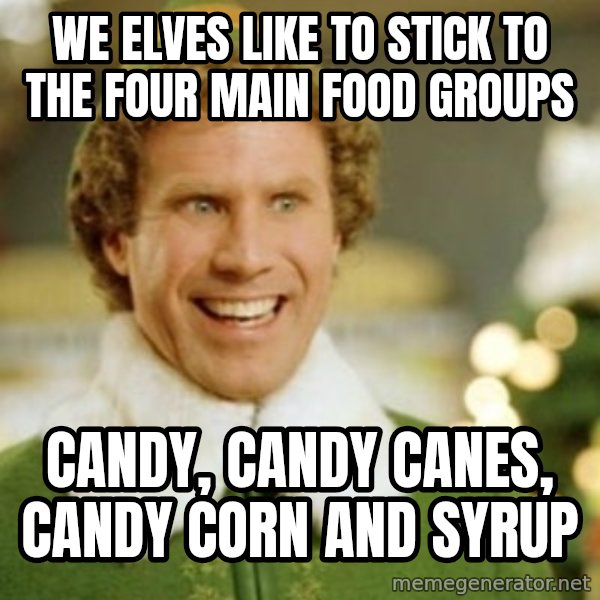Buddy the Elf meme: We elves like to stick to the four main food groups / Candy, Candy Canes, Candy Corn and Syrup