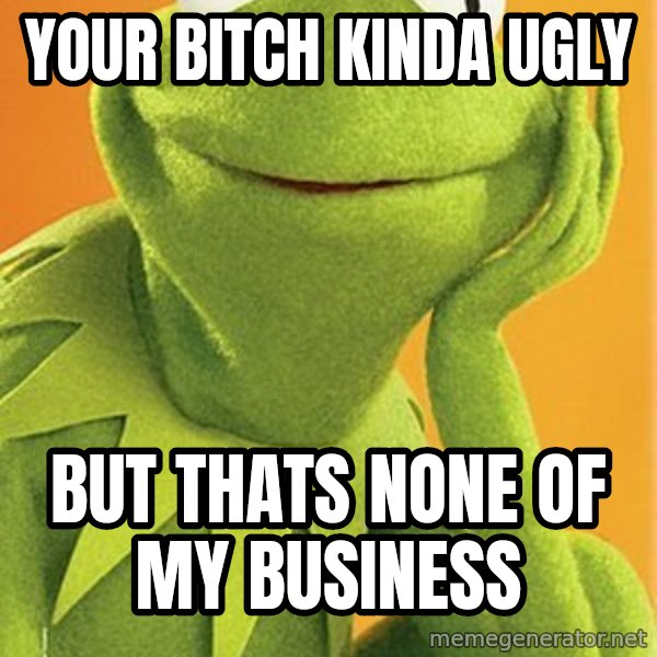 Kermit the frog meme: your bitch kinda ugly / but thats none of my business