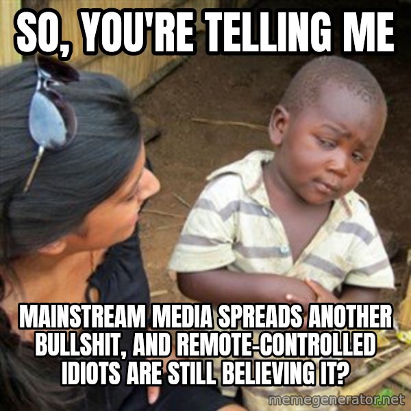 Skeptical 3rd World Kid meme: so, you're telling me / mainstream media spreads another bullshit, and remote-controlled idiots are still believing it?