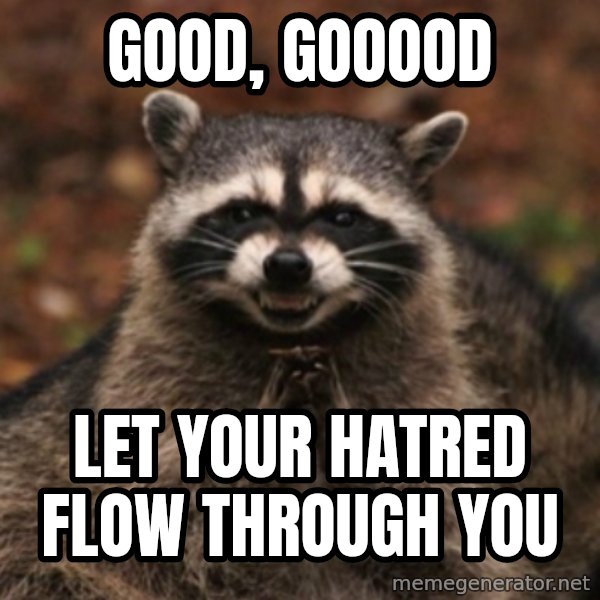 evil raccoon meme: Good, gooood / Let your hatred flow through you