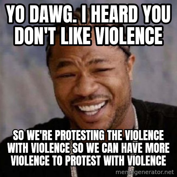 Yo Dawg meme: Yo Dawg. I heard you don't like violence / So we're protesting the violence with violence so we can have more violence to protest with violence