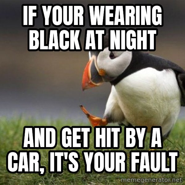 Unpopular Opinion Puffin meme: If your wearing black at night / And get hit by a car, it's your fault