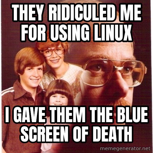 Vengeance Dad meme: they ridiculed me for using linux / I gave them the blue screen of death