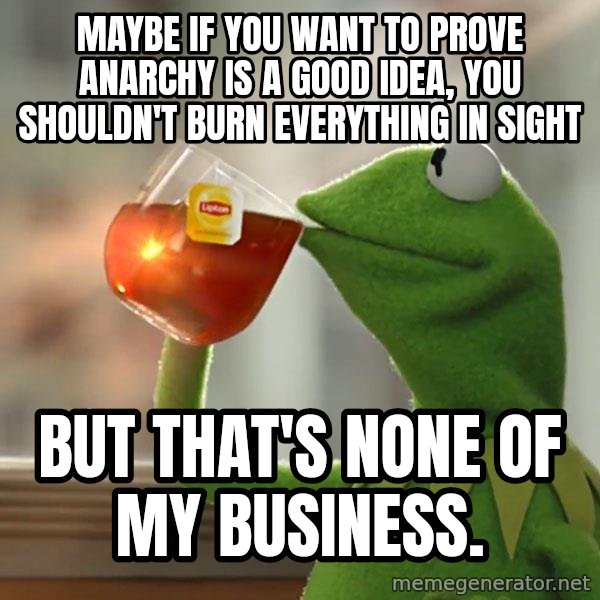 Kermit The Frog Drinking Tea meme: maybe if you want to prove anarchy is a good idea, you shouldn't burn everything in sight / but that's none of my business.