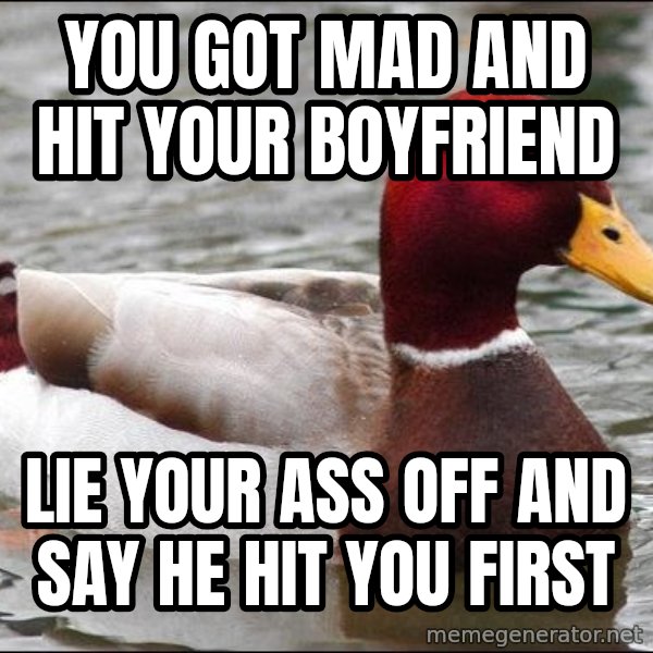 Malicious advice mallard meme: you got mad and hit your boyfriend / lie your ass off and say he hit you first