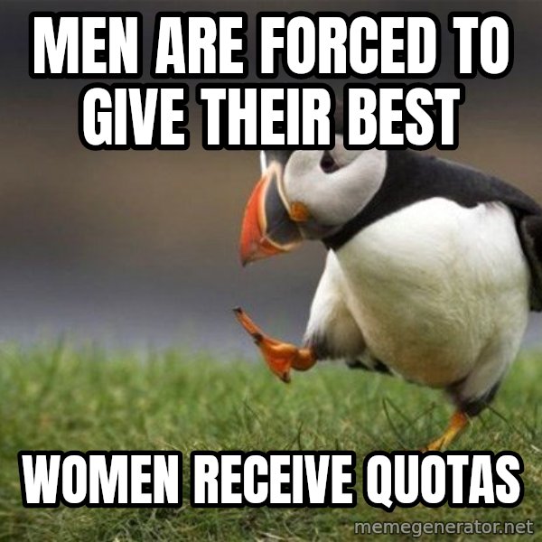 Unpopular Opinion Puffin meme: men are forced to give their best / women receive quotas