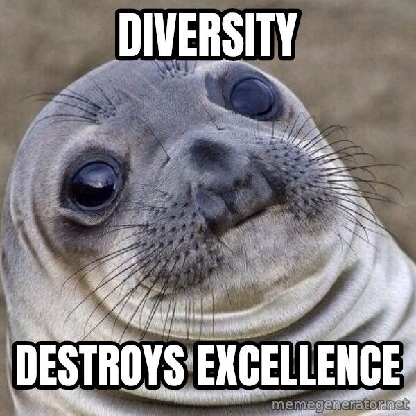 Awkward Seal meme: diversity / destroys excellence