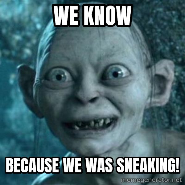 My Precious Gollum meme: We know / Because we was sneaking!