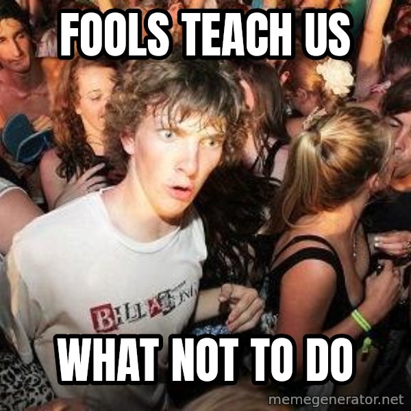 Sudden Realization Ralph meme: fools teach us / what not to do
