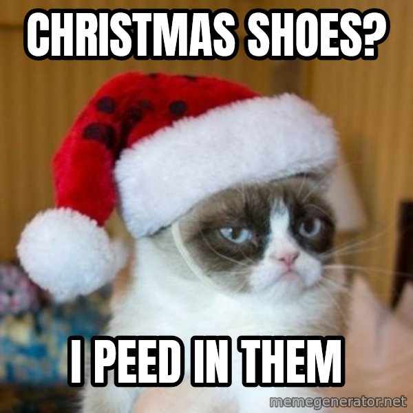 Grumpy Cat Santa Hat meme: Christmas Shoes? / I peed in them