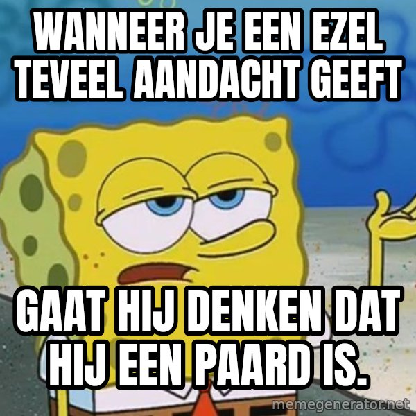 I'll have you know Spongebob meme: Wanneer je een ezel teveel aandacht geeft / gaat hij denken dat hij een paard is.