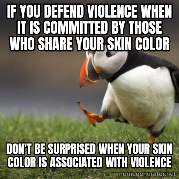 Unpopular Opinion Puffin meme: if you defend violence when it is committed by those who share your skin color / don't be surprised when your skin color is associated with violence
