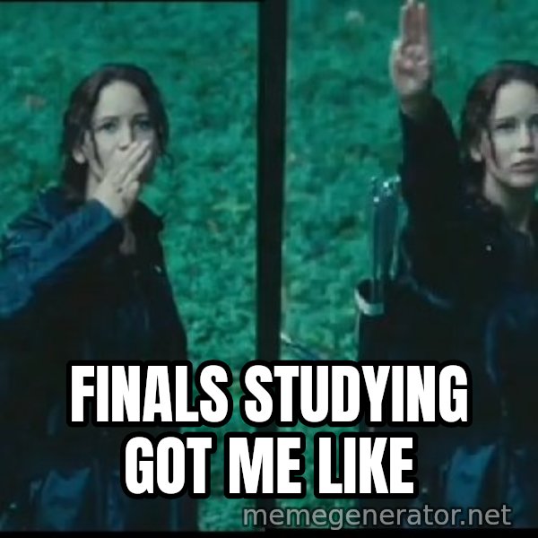 Hunger Games Katniss Salute meme: finals studying got me like